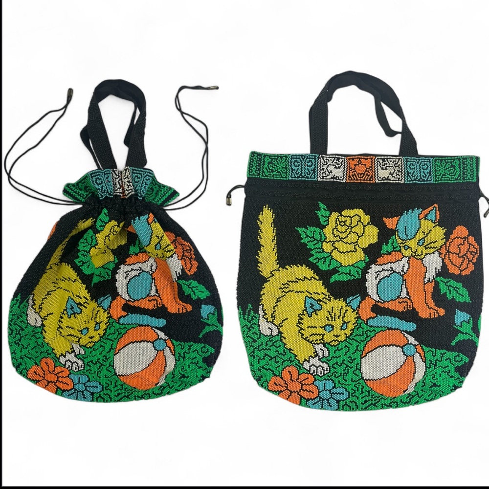 Vintage Beaded Cat Design Tote Bag - Black Green Yellow Orange Blue